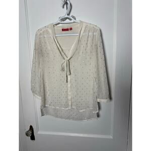 Elle Women's White Gold Sheer Button Down Tie Top Blouse Size XS 3/4 Sleeve